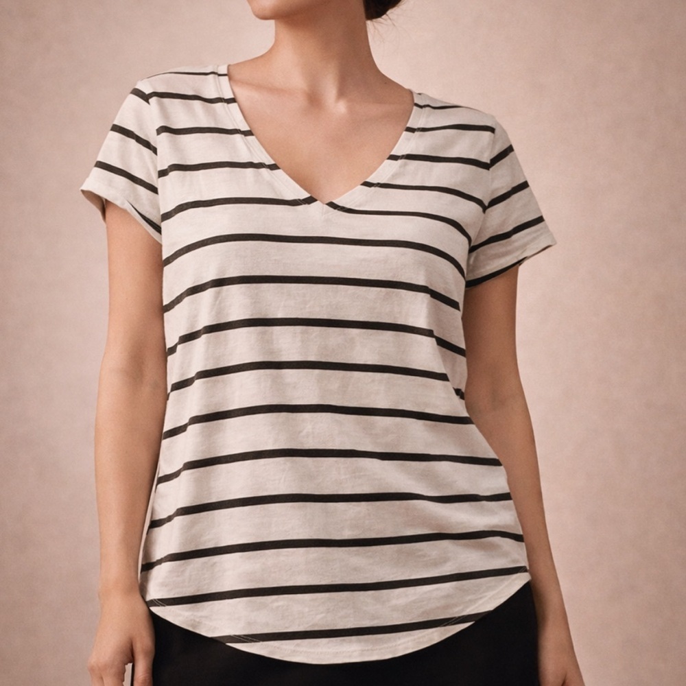 Lululemon Striped V Neck Tee White Green Athletic Yoga Top
